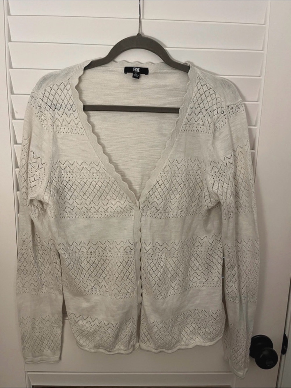 Frye Cream Openwork Scalloped V-Neck Cardigan 100% Cotton Sz XL